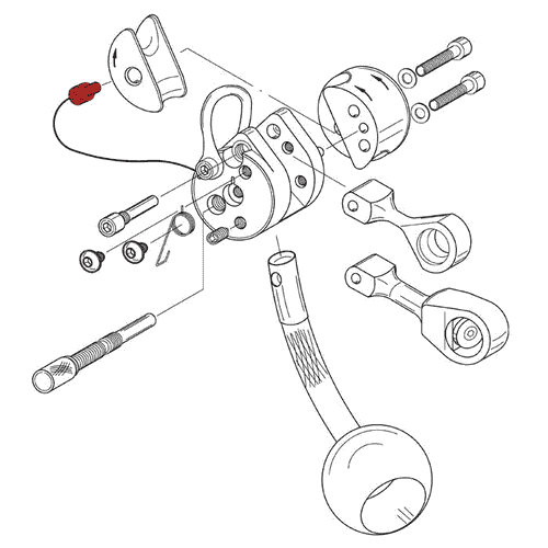 Black and white technical drawing of a mechanical device with several parts, including two screws marked in red, without manufacturer information or product type