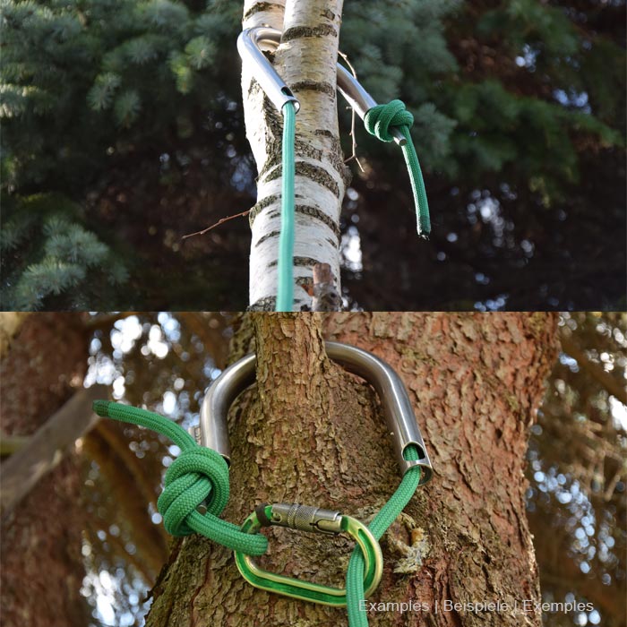 Two photos shown side by side with approach metal grappling hook attached to tree trunks with green rope and carabiner, forest background