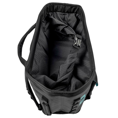 View from above into the black Approach Bag with open interior and adjustable strap with buckle