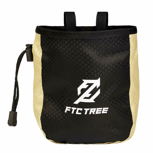 SRT Bag by FTC Tree in black with beige side stripe and white logo on the front, with two loops at the top and drawstring on the left