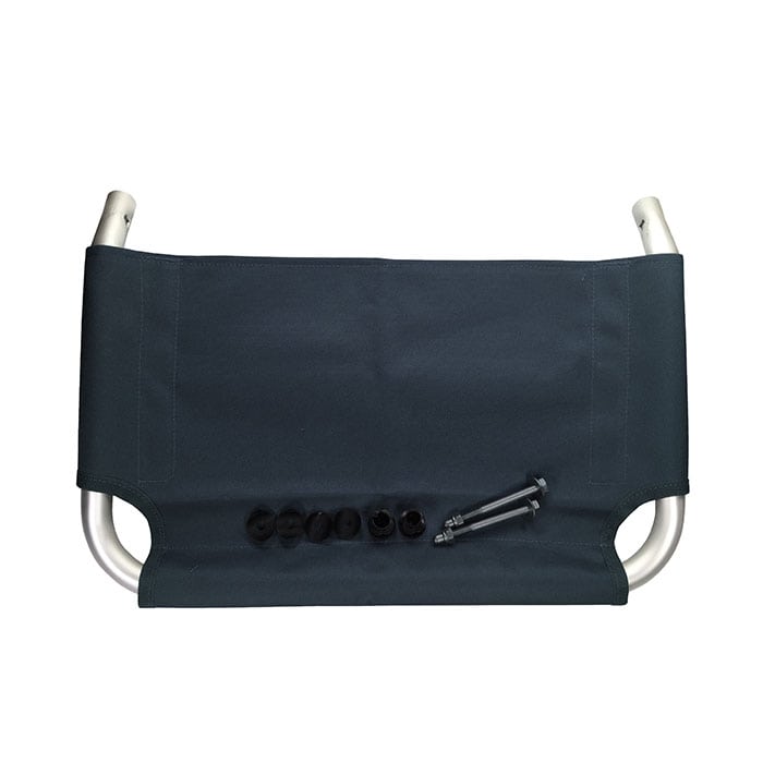 Beach Rolly Loading Bracket with dark blue fabric and metal frame, plus screws and black plastic parts