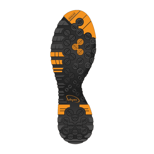 Treaded sole in black and orange with Arbpro logo and many round nubs