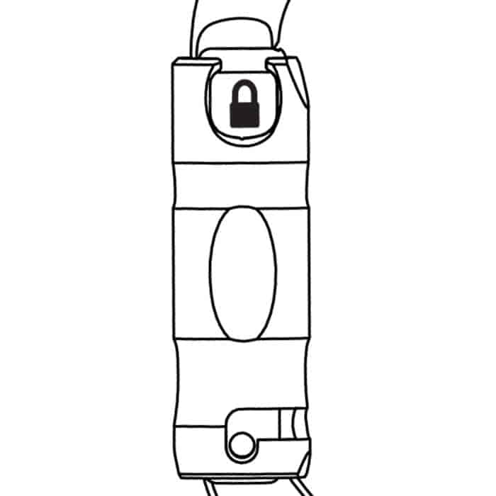 Black and white drawing of a carabiner with lock symbol at the top and mechanical clasp at the bottom, without further inscription