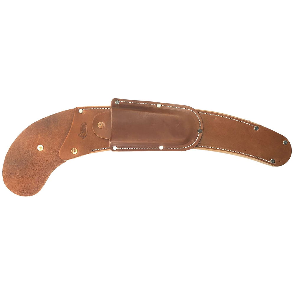 KR/S leather holster in brown leather with white stitching and metal rivets, laid flat