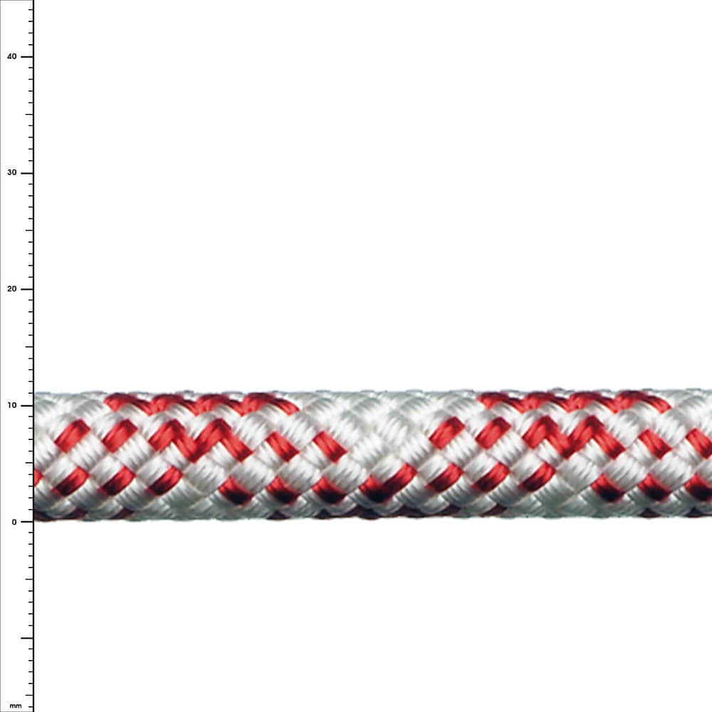 Patron Plus rope in white with red stripes, close-up of braiding