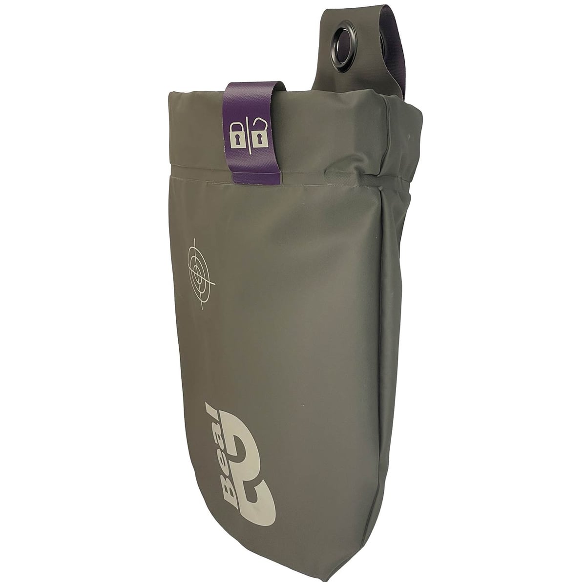 Beal Genius 2 gray bag with purple closure strap and white logo on the front, with target motif