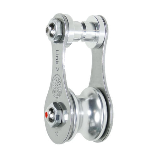 Link 2 metal roller with the engraving "Link 2" and a tree logo, silver and shiny