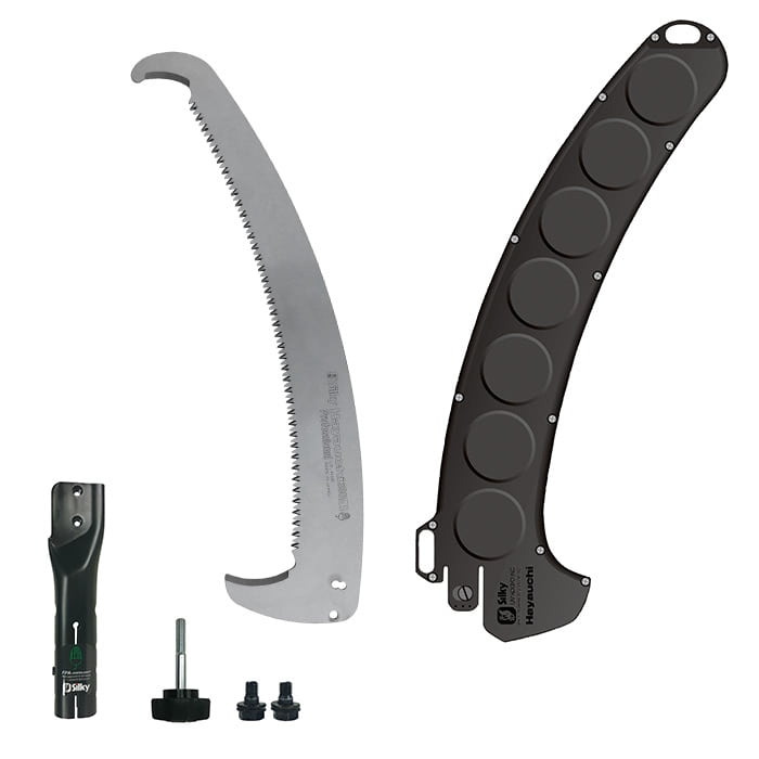 Hayauchi head from Silky, consisting of a curved saw blade with teeth, a black protective cover with round indentations and several small fasteners made of metal and plastic.