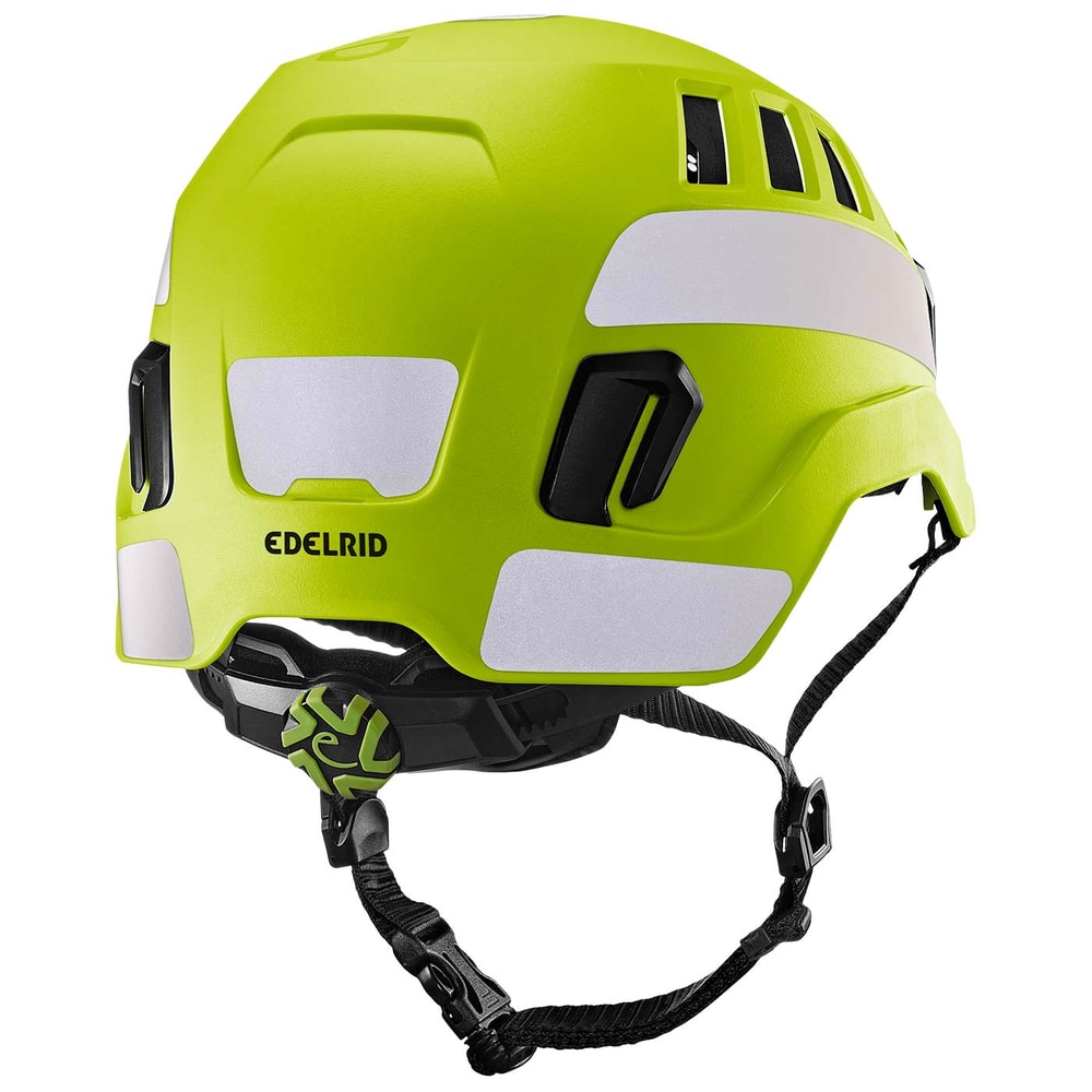 Tectum Air Hi-Viz climbing helmet by Edelrid in bright yellow with white reflectors and black chin strap, rear view with adjustable wheel