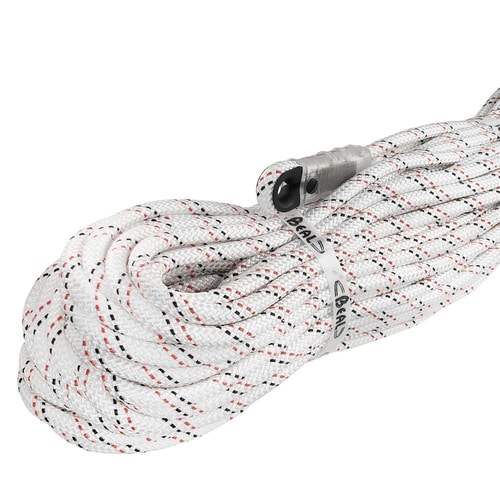 Industry 10.5 Rope in white with black and red patterns, rolled up and fixed with a white ribbon with the inscription "BEAL", end with transparent protective cap and black ring
