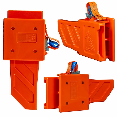 Three views of the Toolprotect P1+ Pro case in orange, with visible mounting holes and orange-blue strap