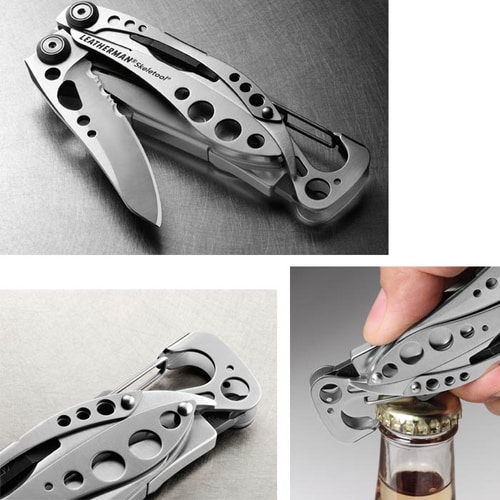 Leatherman Skeletool metal multitool in four views: folded with visible knife, carabiner detail, and open bottle opener when opening a bottle