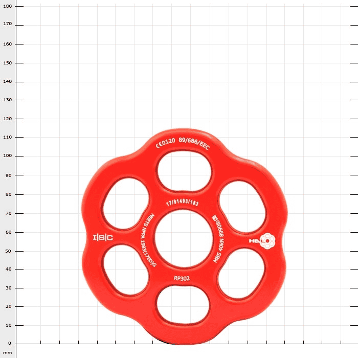 Rigging Plate Halo Red, red ring with six oval openings, product name and technical specifications visible in white on the surface