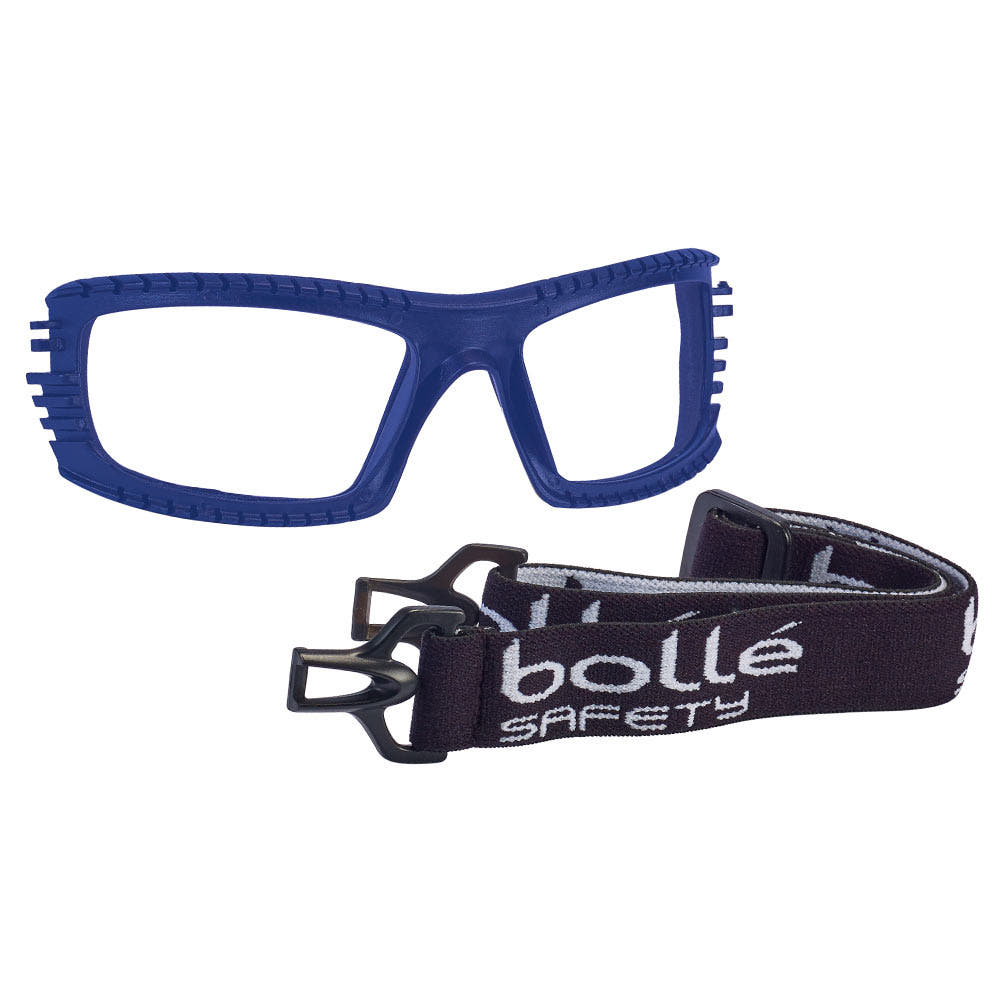Baxter spare parts kit with blue plastic frame and black rubber band with white inscription "bollé SAFETY"