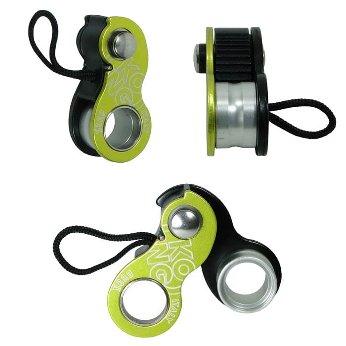 Duck, KONG, belay device in green and black from three different perspectives with rope loop