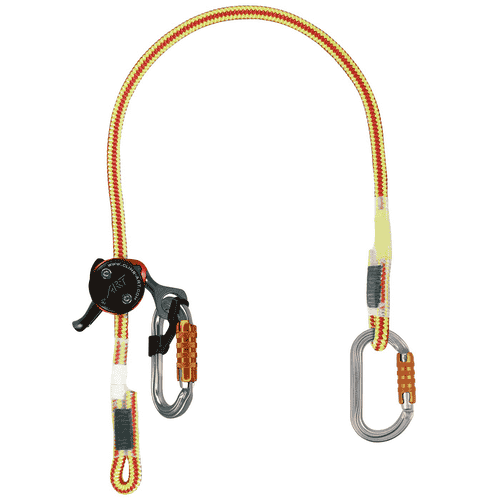 XP-e First Class Set via ferrata set with yellow-red rope and two carabiners, one carabiner with orange closure and one black belay device