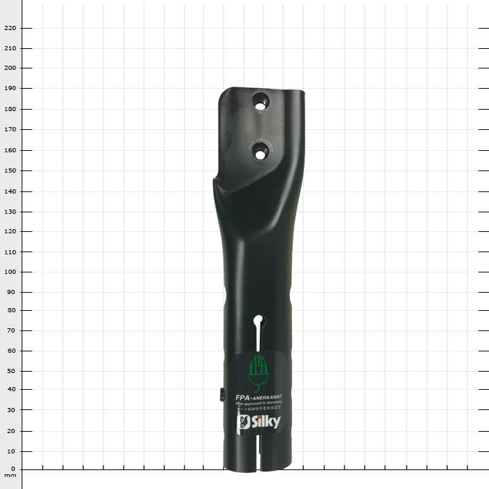 Hayauchi grommet by Silky, black metal part with two screw holes and FPA recognition on a white grid background.