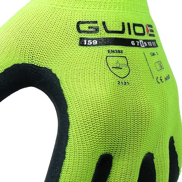 Close-up of the glove 159 Guide Hi-Vis in neon yellow with black coating, visible are manufacturer name Guide, model number 159 and safety markings on the back of the hand