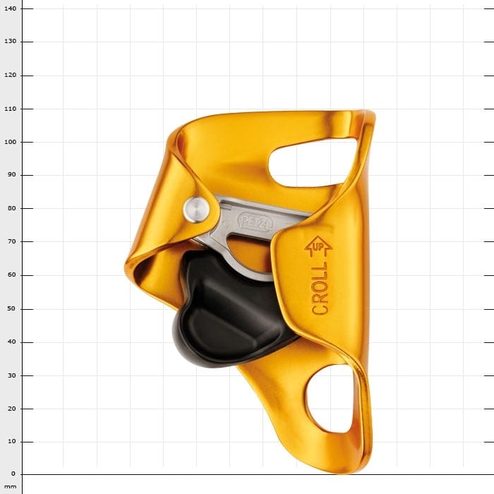 Via ferrata Croll L in gold with black plastic part and silver metal part, product name Croll L visible