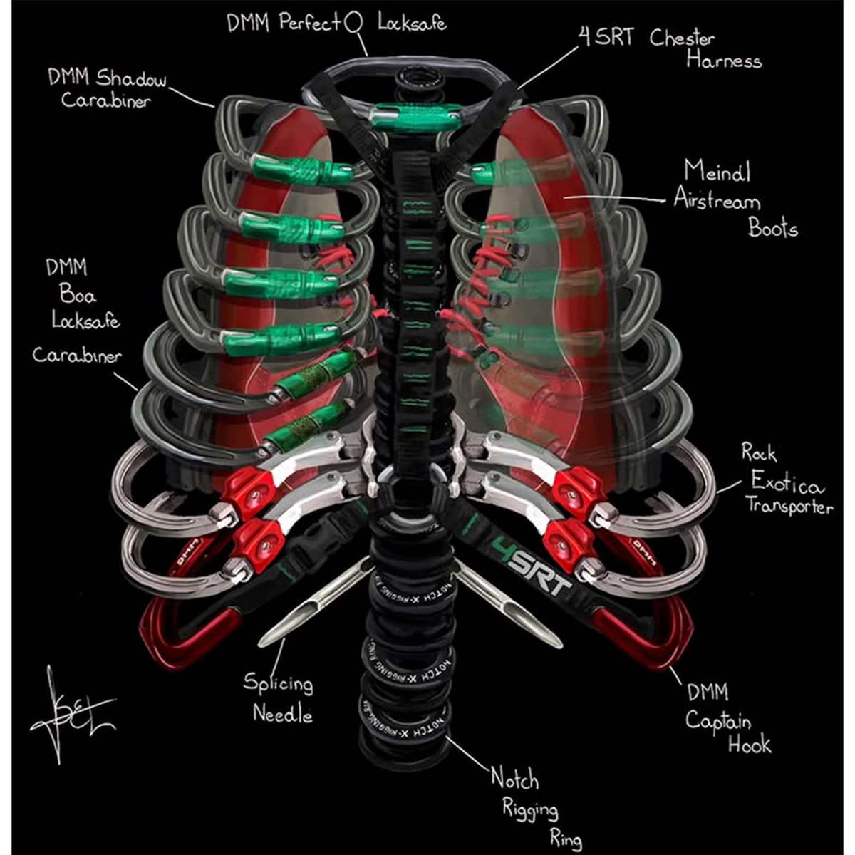 Close-up of printed rib cage pattern from climbing gear on the black Arb Ribs T-shirt