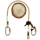 XP-e First Class Swivel Set with yellow-red rope, two silver carabiners with orange clasps and black device at the end of the rope, draped on wooden disc