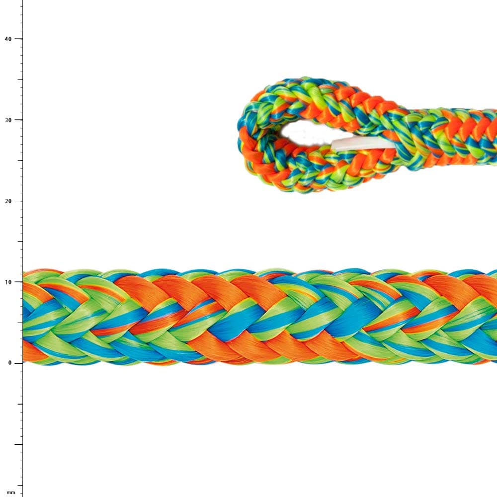 Komora colorful braided rope with orange, green, blue and yellow, close-up of an end with loop