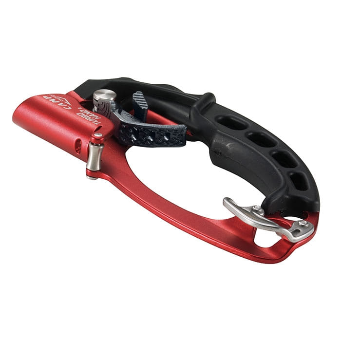 CAMP Turbohand Pro R belay device in red and black with metal clasp and handle