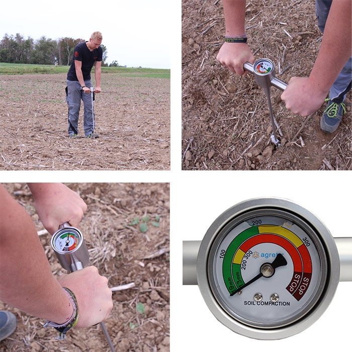 Agreto Penetrometer, four-part image collage with person holding the device in the field, close-ups of hands on the handle and the device's gauge