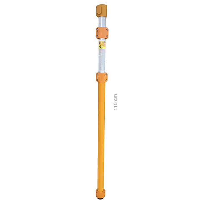 Longboy pole bottom, orange-yellow pole with silver middle section and lettering, 116 cm long
