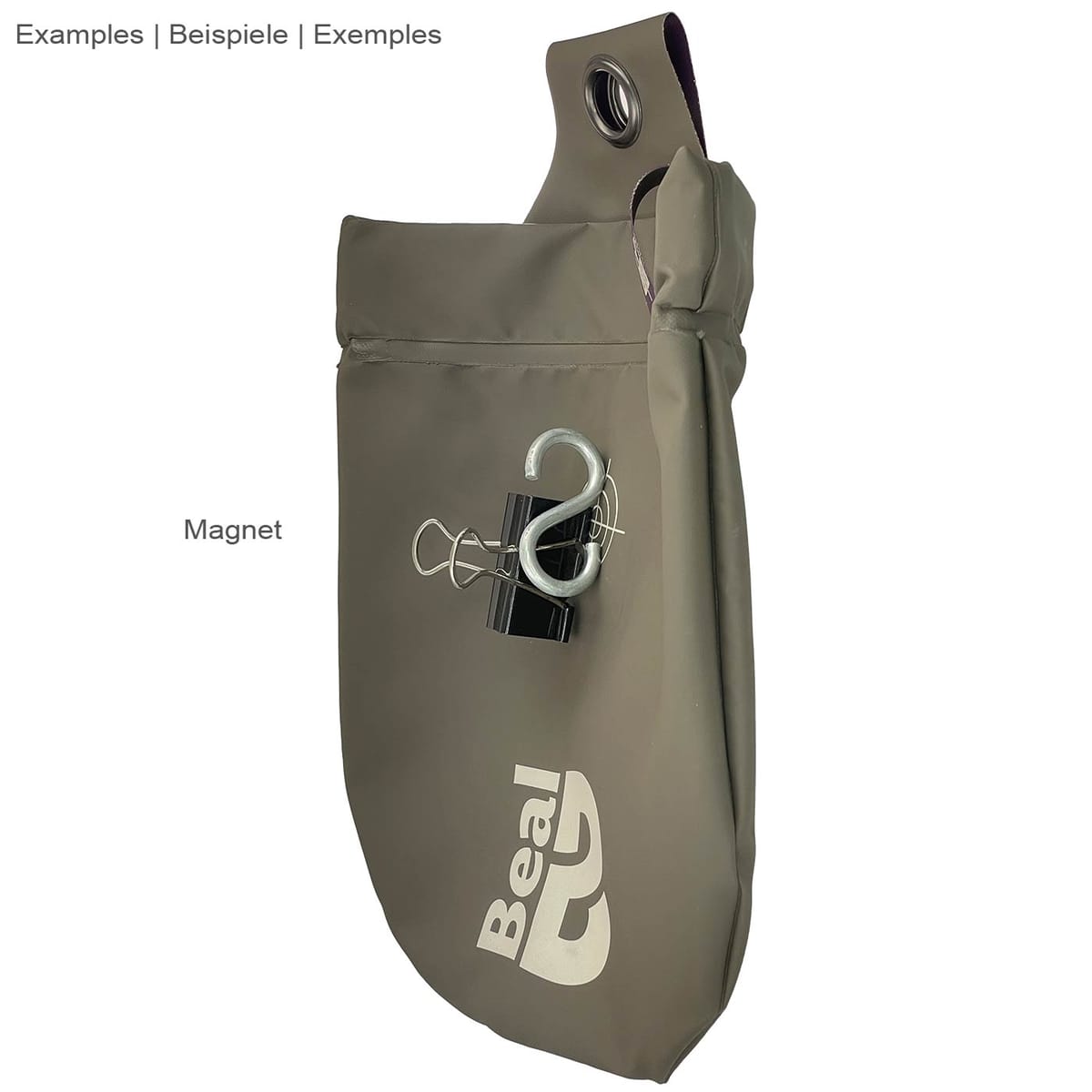 Beal Genius 2 gray bag with purple closure strap and white logo on the front, with target motif, magnet attached to the side with metal hook and black clip