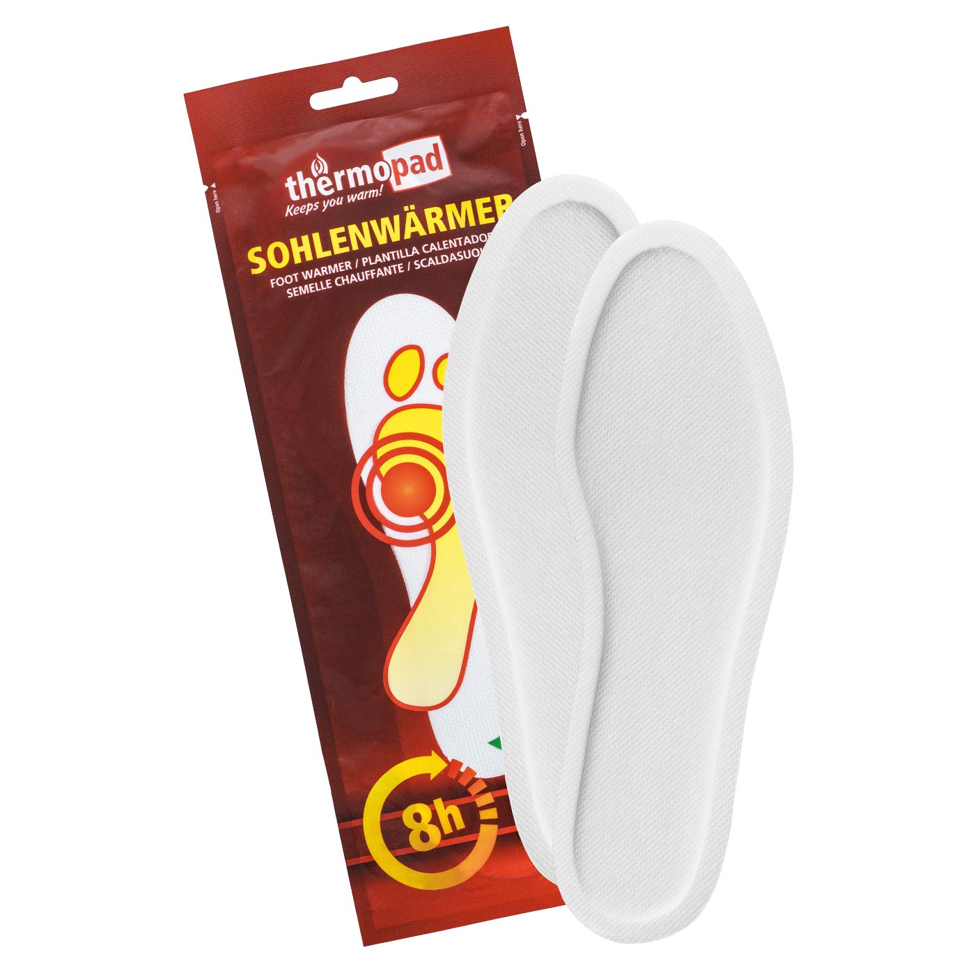 Thermopad sole warmer packaging in red with yellow lettering and two white sole warmers in front of it, product name sole warmer, manufacturer Thermopad