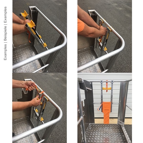 Four photos showing the installation of the Work Cage Premium attachment adapter on a metal railing, with hands attaching the adapter, orange strap and orange tool holder, manufacturer not visible