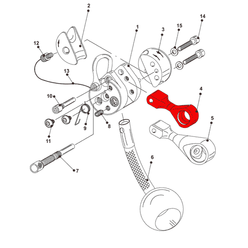 Technical drawing with several components, one of which is marked in red, including the LockJack carabiner mount