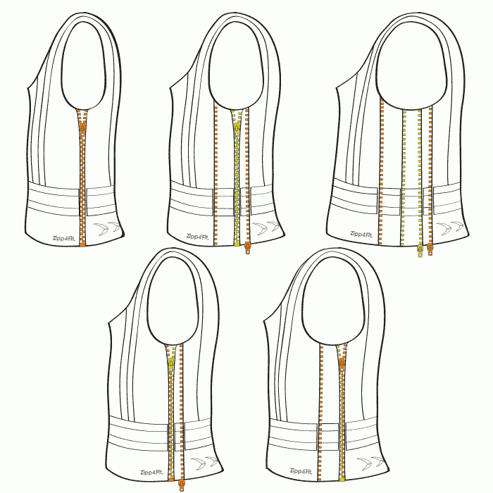 Zipp-4-Fit safety vest from Pfanner shown as a technical drawing in five variants with different zipper colors and positions, without color, only outlines and details