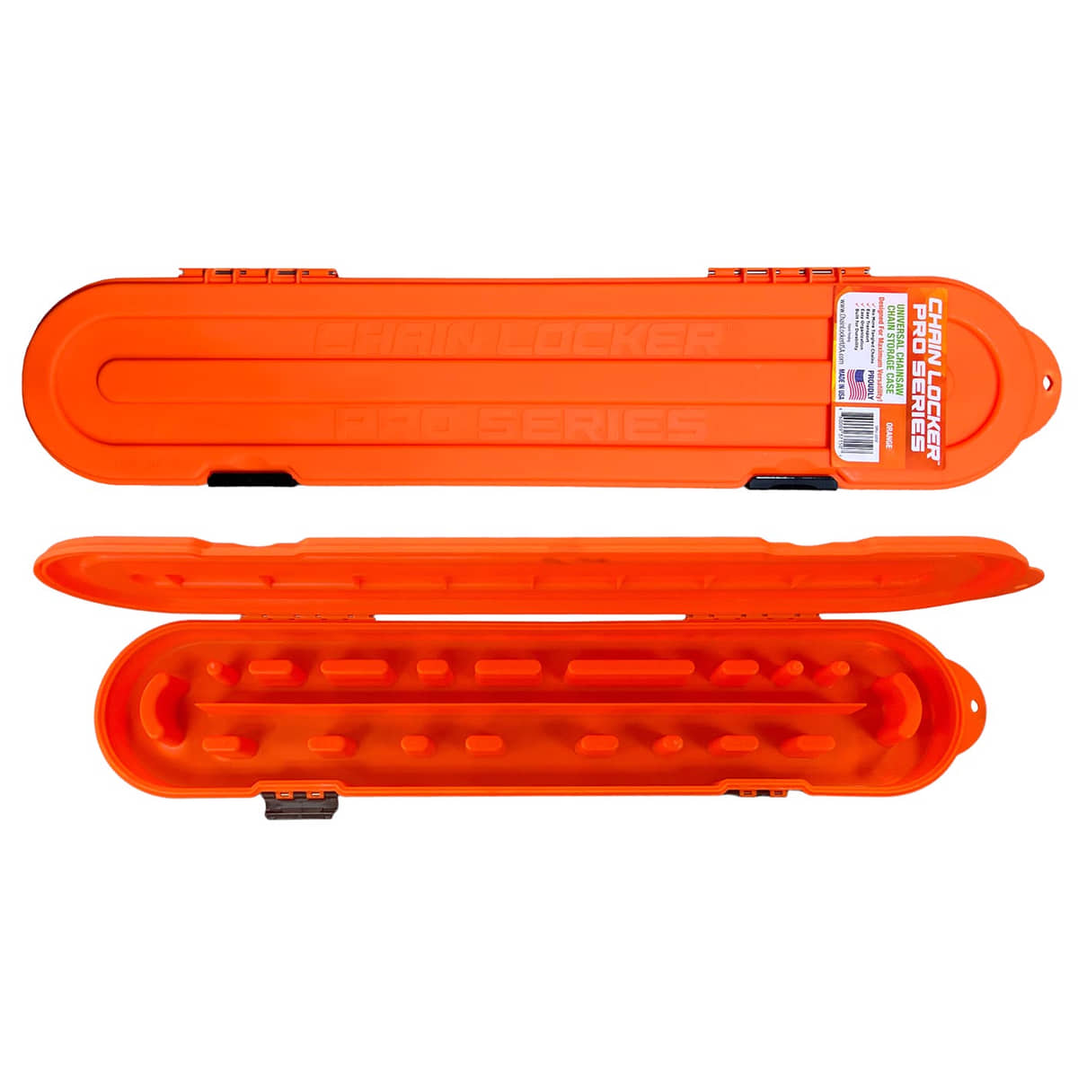 Chain Locker Pro Series Chain Guard Cover in Orange, closed, with sticker on the top right