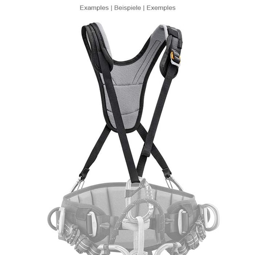 Bretelle with padded grey fabric and black adjustable straps, two metal carabiners at the ends, attached to a climbing harness with several carabiners and loops