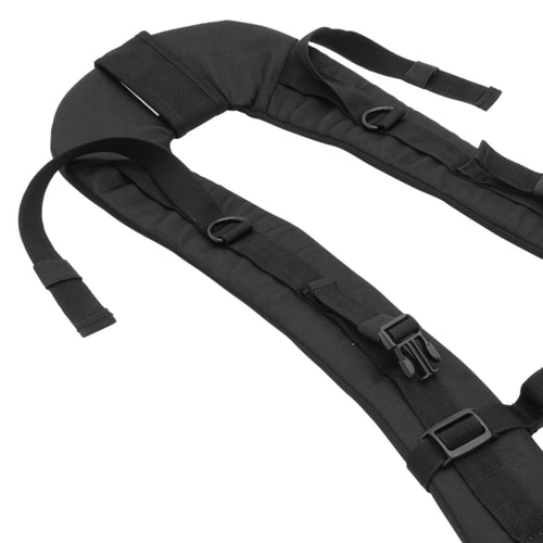 Close-up of black mule shoulder straps with padding, adjustable straps, buckles and D-rings