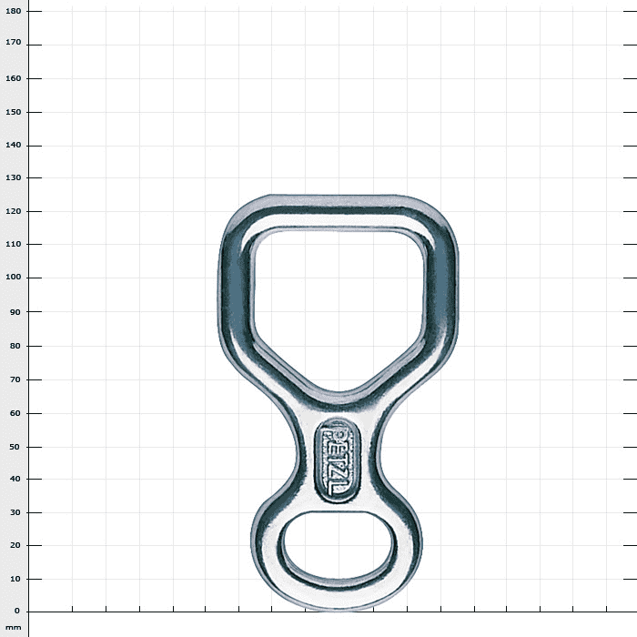 Huit by Petzl, silver metal descender with two different sized openings and engraved with the Petzl brand name
