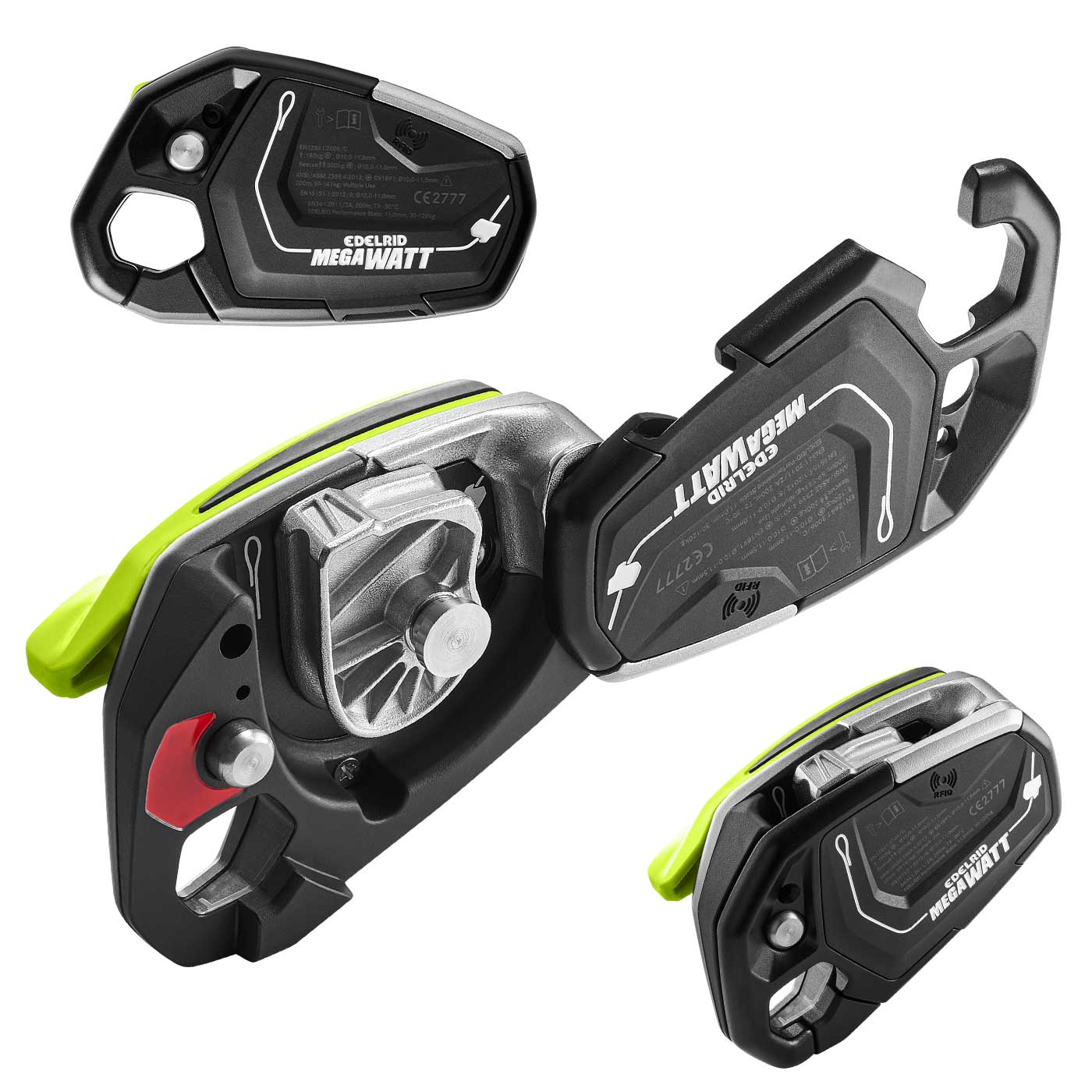 Three views of the Edelrid Megawatt fuse device, one open, with visible internal mechanism and product lettering on black and neon green housing