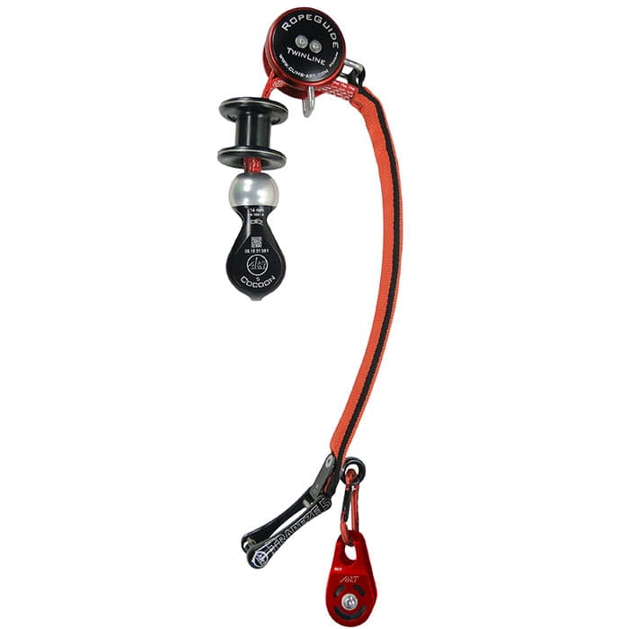 RopeGuide TwinLine with red strap, black and silver metal part, red pulley and black snap hook