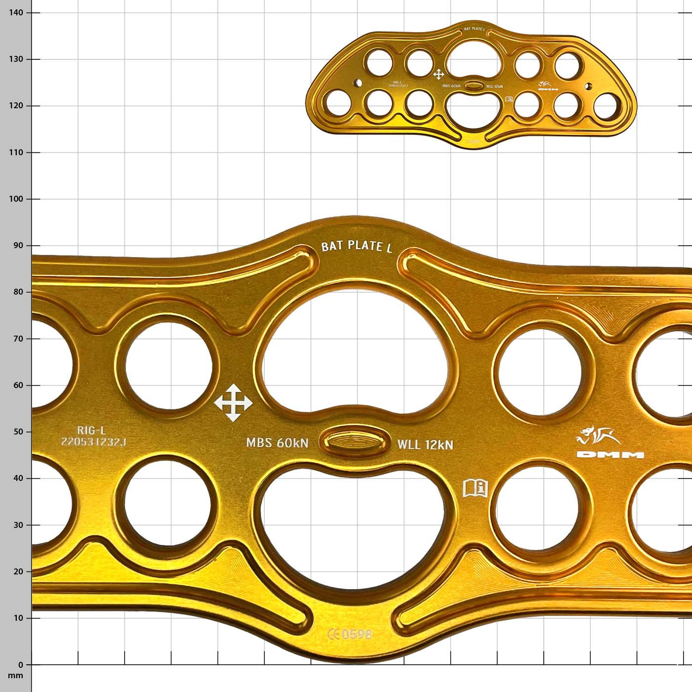Keanu Trolley Rig Plate Kit, Close-up of Gold Tone Metal Plate with Lettering on Checkered Background