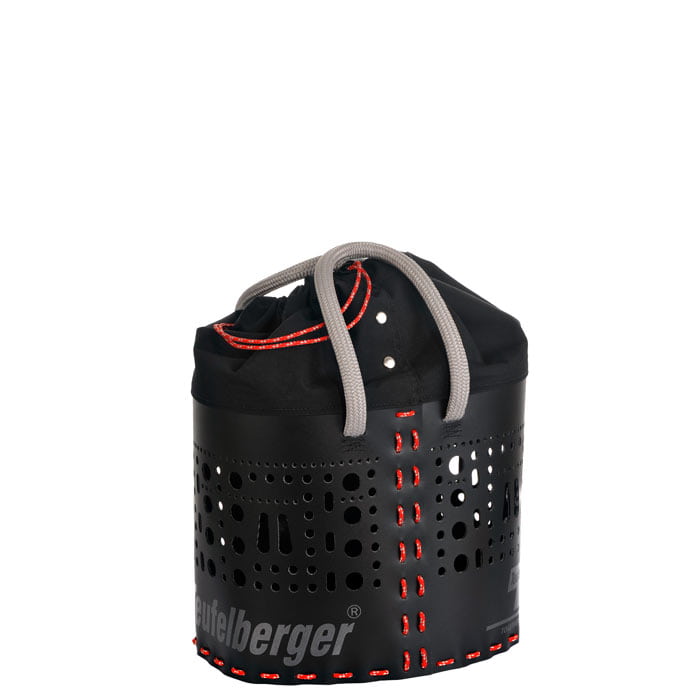 Seilberger kitBAG 25, black cylindrical container with grey handles, red stitching and black cloth bag on top