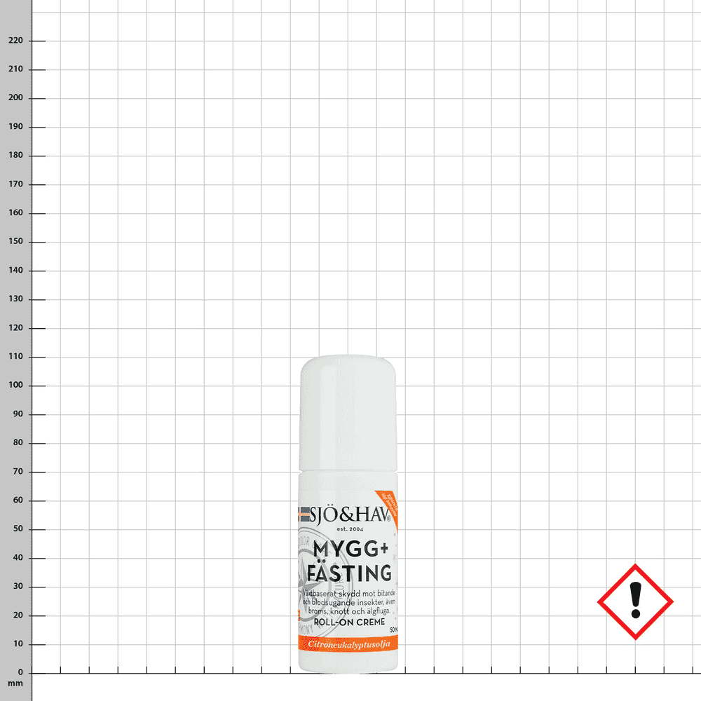 Mosquito+Tick Roll On, white roll-on bottle with the inscription SJÖ&HAV MYGG+FÄSTING and orange marking, next to it a red warning symbol with exclamation mark