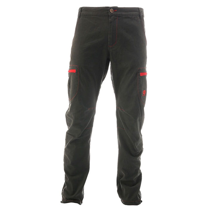 Cargo Pants Heavy in dark grey with red accents on the side pockets, straight cut and button closure