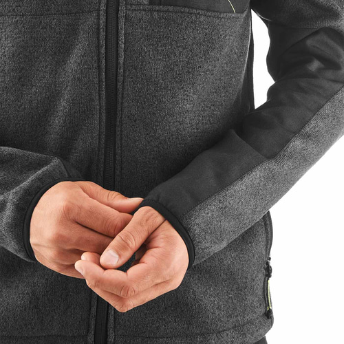 Detail of the Mylodon Jacket sleeves with thumb hole and hands, dark grey with black inserts