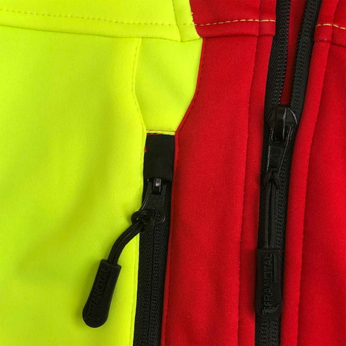 Aigoual R jacket close-up of black zippers and red and yellow fabric