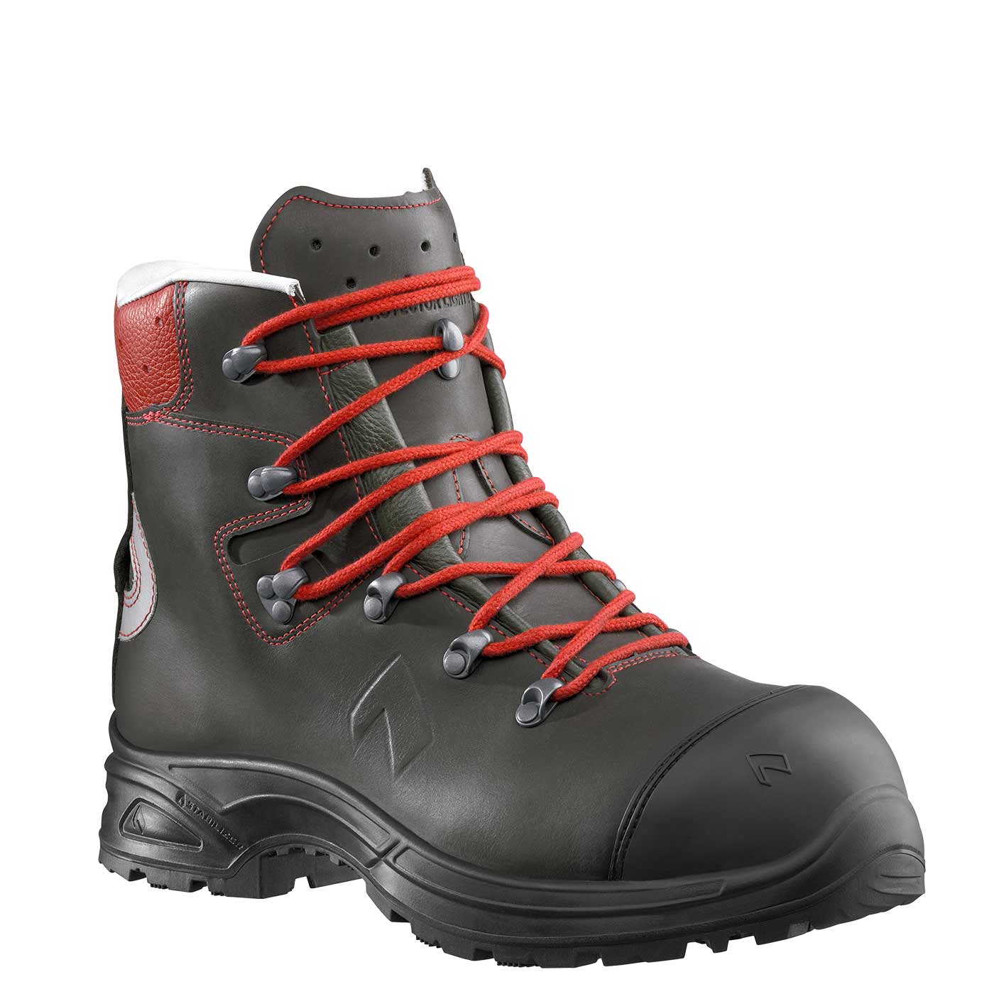 Black Protector Light 2.1 work shoe with red laces, black sole and red heel area, single view from diagonal front right
