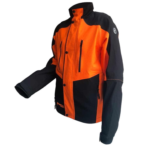 Herma jacket by Francital in orange and black, side view with raised collar and zippered pockets