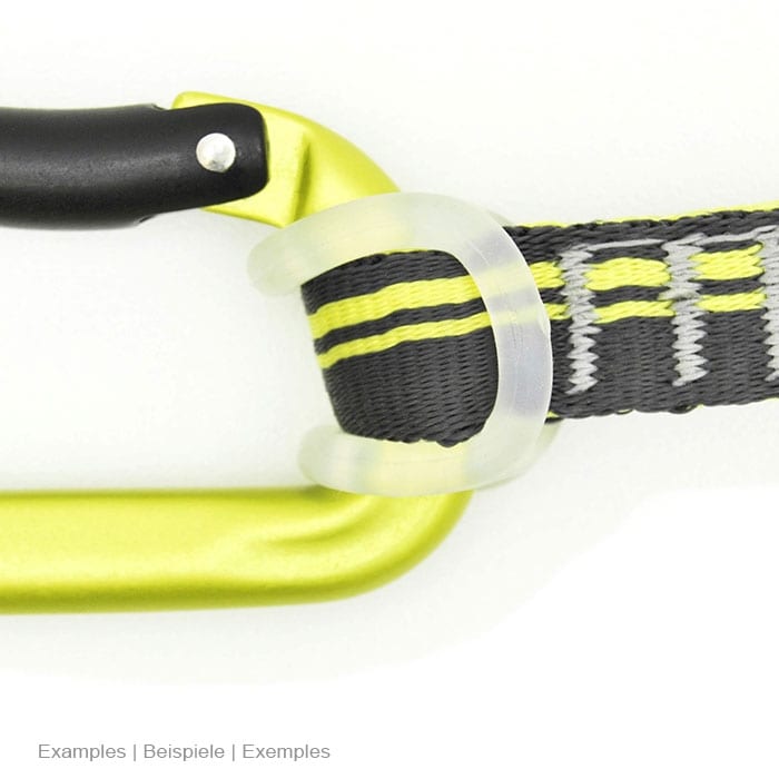 Fast Rubber, white elastic elastic band wraps around a black and yellow textile band attached to a green snap hook
