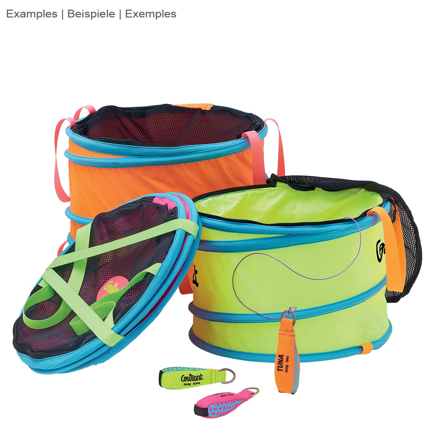 Pelican S bags in orange and yellow with blue edges, one bag with black mesh, plus three colorful keychains in green, orange and pink